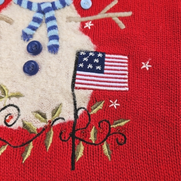 Vintage Embroidered Knit Snowmen and Flag Mock Neck Sweater in Red & White Sz Sm - Picture 10 of 11